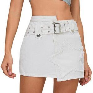White Denim Asymetric Mini Skirt with Studded Belt Hearts And Stars Size L